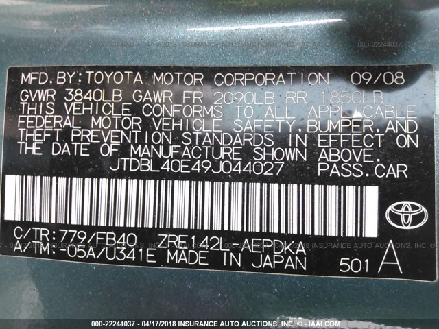 JTDBL40E49J044027 - 2009 TOYOTA COROLLA LE/XLE GREEN photo 9