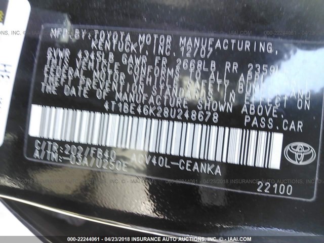 4T1BE46K28U248678 - 2008 TOYOTA CAMRY CE/LE/XLE/SE BLACK photo 9