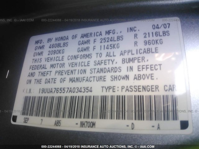 19UUA76557A034354 - 2007 ACURA TL TYPE S SILVER photo 9