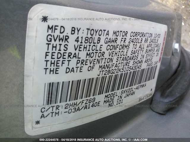 JT2BG22K510543045 - 2001 TOYOTA CAMRY CE/LE/XLE 灰色 照片 9