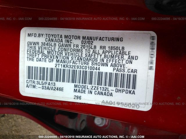 2T1KR32E93C010044 - 2003 TOYOTA COROLLA MATRIX XR RED photo 9