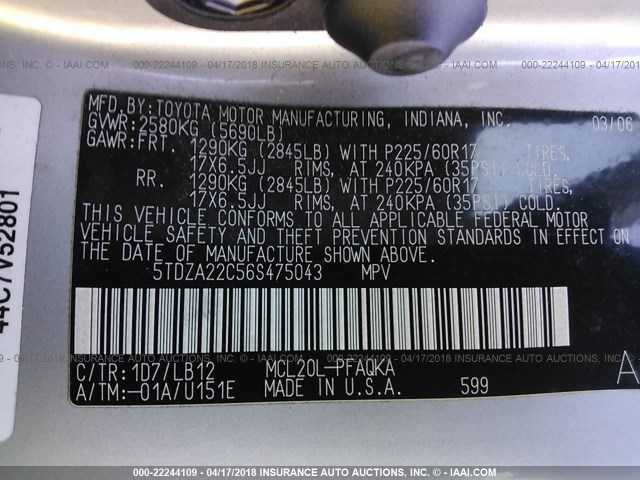 5TDZA22C56S475043 - 2006 TOYOTA SIENNA XLE/XLE LIMITED SILVER photo 9