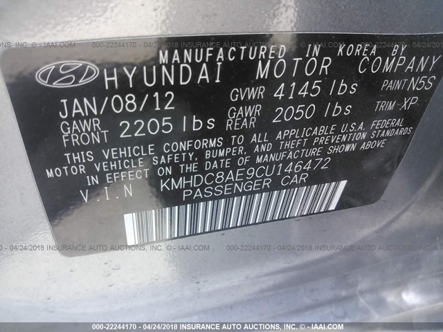 KMHDC8AE9CU146472 - 2012 HYUNDAI ELANTRA TOURING GLS/SE GRAY photo 9