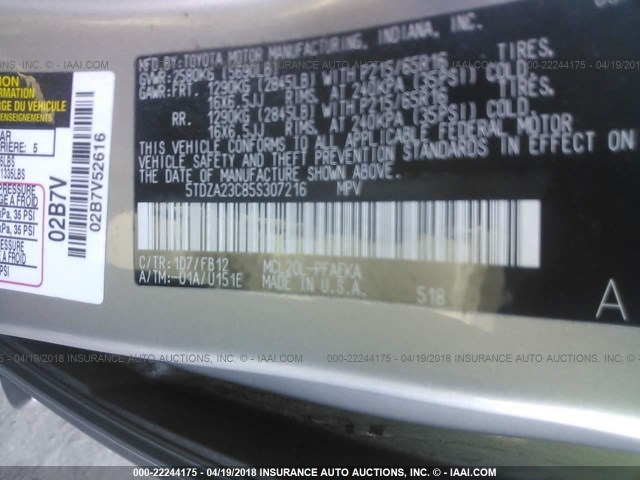 5TDZA23C85S307216 - 2005 TOYOTA SIENNA CE/LE SILVER photo 9