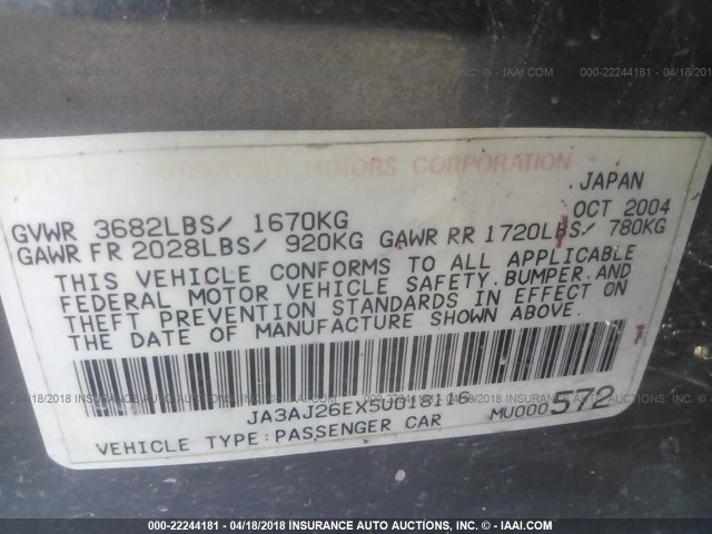 JA3AJ26EX5U018116 - 2005 MITSUBISHI LANCER ES GRAY photo 9