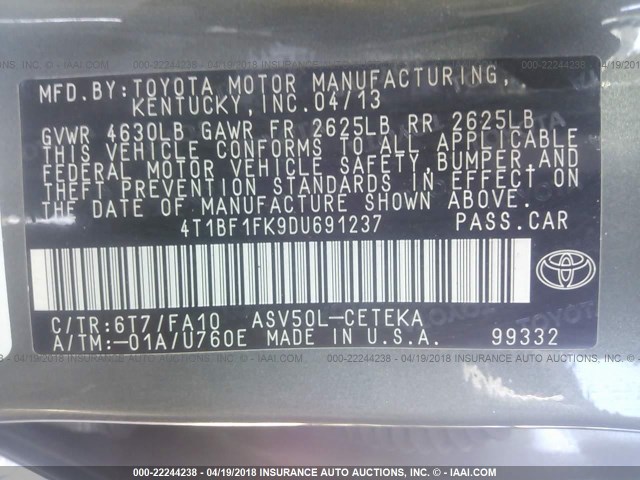 4T1BF1FK9DU691237 - 2013 TOYOTA CAMRY L/SE/LE/XLE 灰色 照片 9