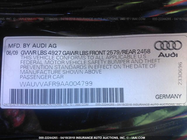 WAUVVAFR9AA004799 - 2010 AUDI S5 PRESTIGE BLACK photo 9