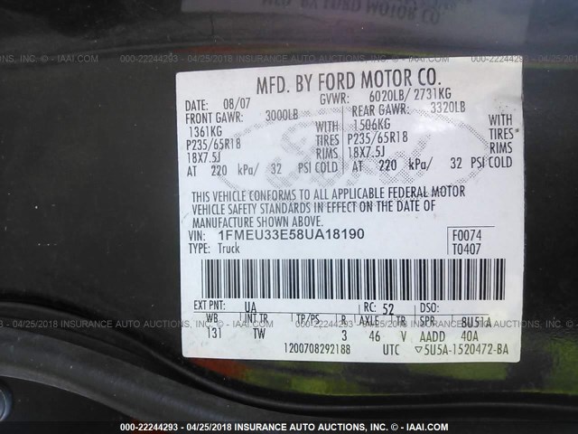 1FMEU33E58UA18190 - 2008 FORD EXPLORER SPORT TR LIMITED BLACK photo 9