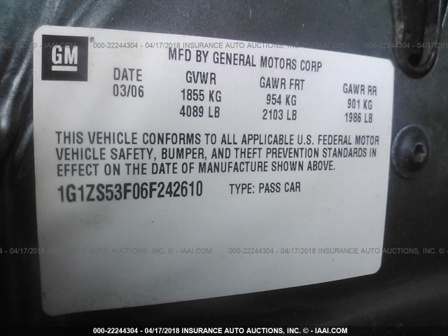 1G1ZS53F06F242610 - 2006 CHEVROLET MALIBU LS Boz foto 9