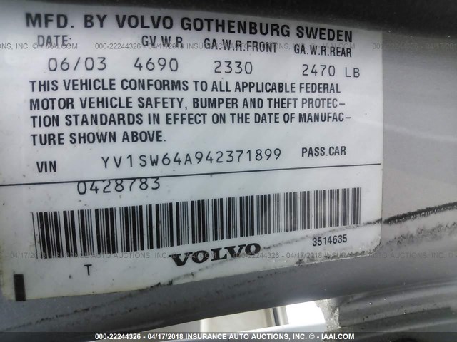 YV1SW64A942371899 - 2004 VOLVO V70 SILVER photo 9