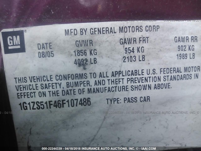 1G1ZS51F46F107486 - 2006 CHEVROLET MALIBU LS 红色 照片 9