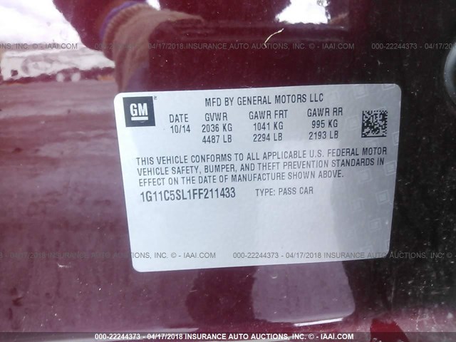 1G11C5SL1FF211433 - 2015 CHEVROLET MALIBU 1LT 勃艮第红 照片 9