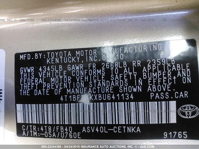 4T1BF3EKXBU641134 - 2011 TOYOTA CAMRY SE/LE/XLE GOLD photo 9