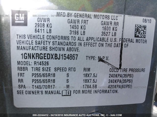 1GNKRGEDXBJ154867 - 2011 CHEVROLET TRAVERSE LT GRAY photo 9