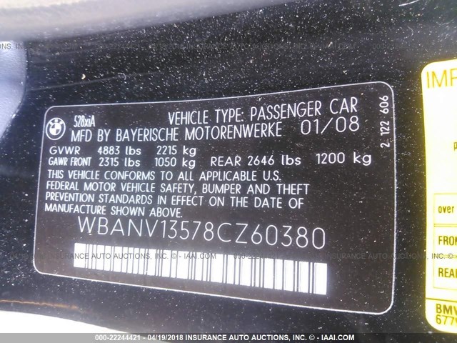 WBANV13578CZ60380 - 2008 BMW 528 XI BLACK photo 9