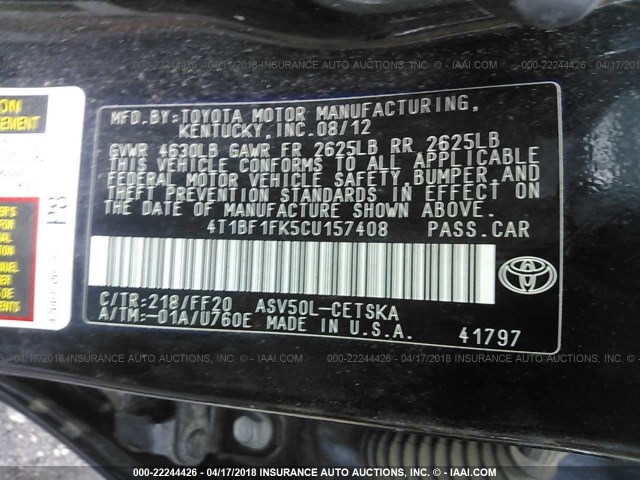 4T1BF1FK5CU157408 - 2012 TOYOTA CAMRY SE/LE/XLE 黑色 照片 9