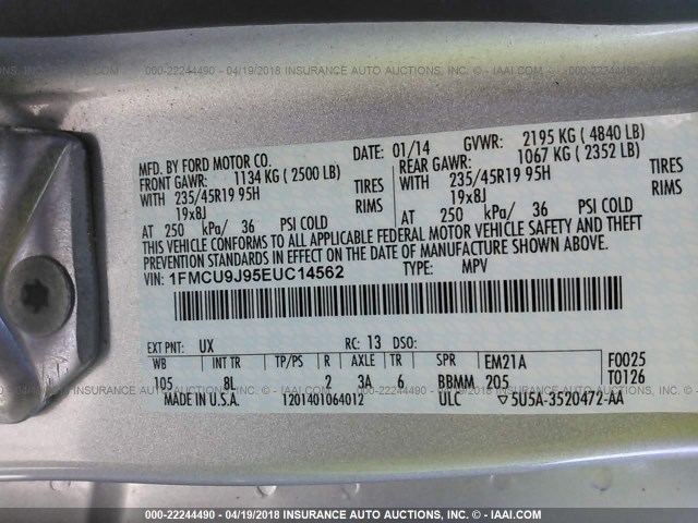 1FMCU9J95EUC14562 - 2014 FORD ESCAPE TITANIUM SILVER photo 9