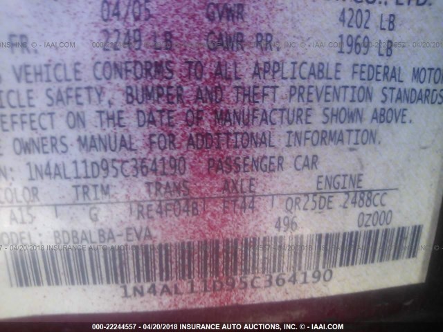 1N4AL11D95C364190 - 2005 NISSAN ALTIMA S/SL RED photo 9