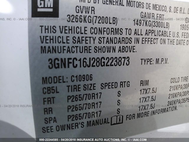 3GNFC16J28G223873 - 2008 CHEVROLET SUBURBAN C1500  LS WHITE photo 9