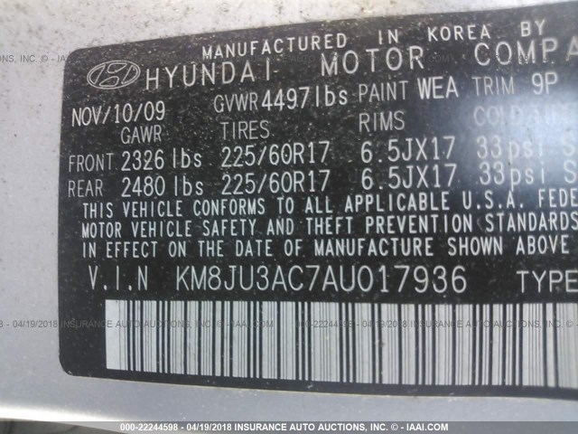 KM8JU3AC7AU017936 - 2010 HYUNDAI TUCSON GLS/LIMITED SILVER photo 9