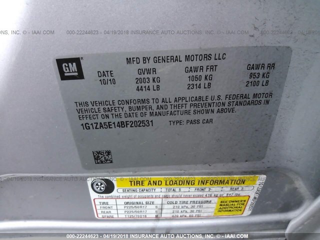 1G1ZA5E14BF202531 - 2011 CHEVROLET MALIBU LS 银色 照片 9