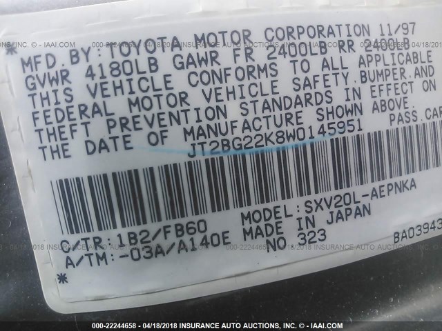 JT2BG22K8W0145951 - 1998 TOYOTA CAMRY CE/LE/XLE 金色 照片 9