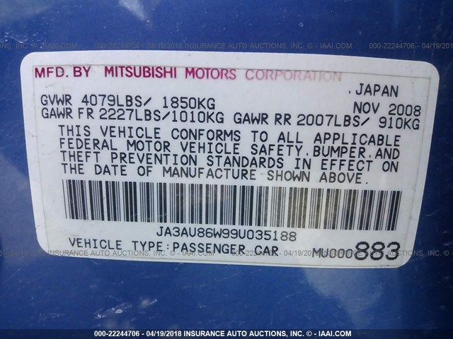 JA3AU86W99U035188 - 2009 MITSUBISHI LANCER GTS BLUE photo 9