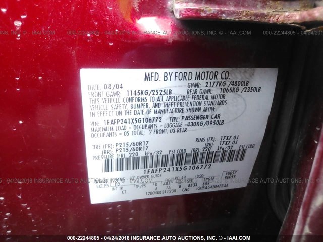 1FAFP241X5G106772 - 2005 FORD FIVE HUNDRED SEL RED photo 9
