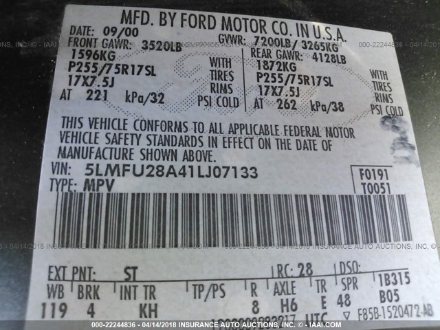 5LMFU28A41LJ07133 - 2001 LINCOLN NAVIGATOR 绿色 照片 9