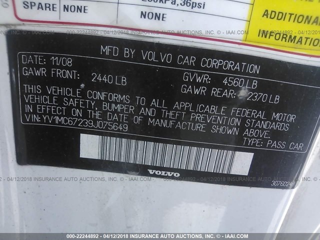 YV1MC67239J075649 - 2009 VOLVO C70 T5 WHITE photo 9