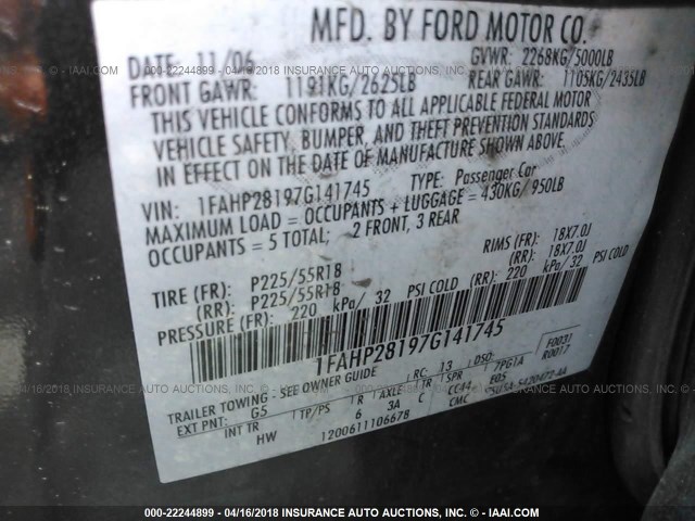 1FAHP28197G141745 - 2007 FORD FIVE HUNDRED LIMITED GRAY photo 9