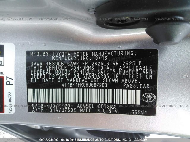 4T1BF1FK8HU687203 - 2017 TOYOTA CAMRY LE/XLE/SE/XSE SILVER photo 9