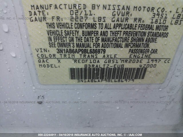 3N1AB6AP9BL686979 - 2011 NISSAN SENTRA 2.0/2.0S/SR/2.0SL WHITE photo 9