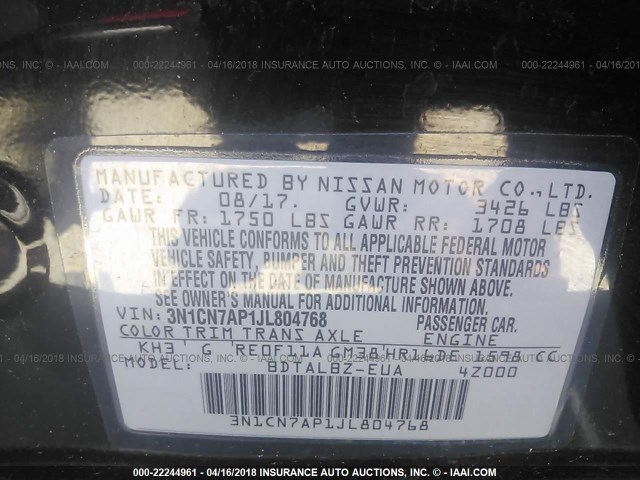 3N1CN7AP1JL804768 - 2018 NISSAN VERSA S/S PLUS/SV/SL BLACK photo 9