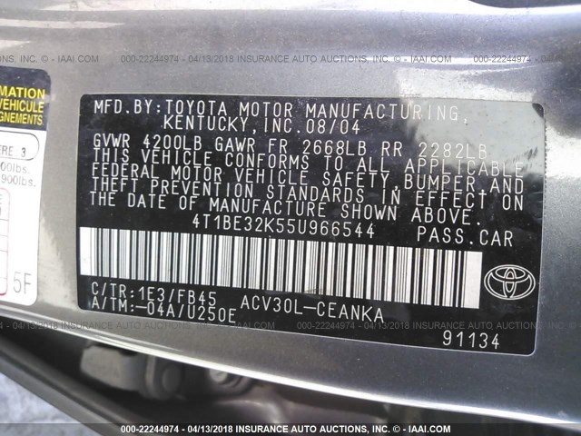 4T1BE32K55U966544 - 2005 TOYOTA CAMRY LE/XLE/SE ნაცრისფერი ფოტო 9