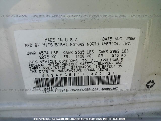 4A3AB36S17E022124 - 2007 MITSUBISHI GALANT LS/GTS WHITE photo 9