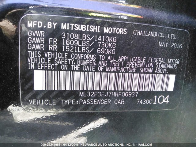 ML32F3FJ7HHF06937 - 2017 MITSUBISHI MIRAGE G4 ES Qara foto 9