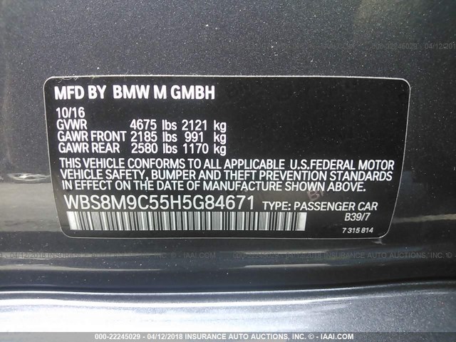 WBS8M9C55H5G84671 - 2017 BMW M3 GRAY photo 9