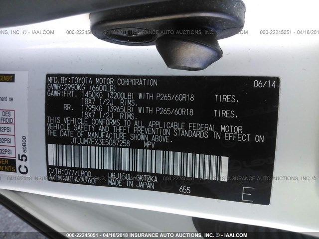 JTJJM7FX3E5087258 - 2014 LEXUS GX PREMIUM WHITE photo 9