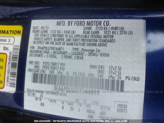 3FA6P0LU7ER166811 - 2014 FORD FUSION SE HYBRID BLUE photo 9