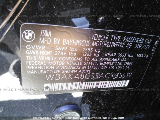 WBAKA8C55ACY35519 - 2010 BMW 750 I BLACK photo 9