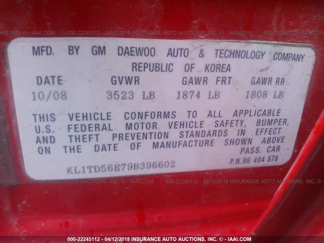 KL1TD56E79B396602 - 2009 CHEVROLET AVEO LS/LT 红色 照片 9