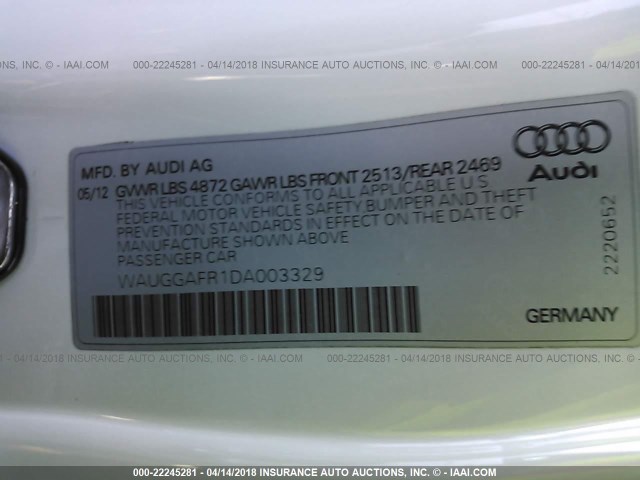 WAUGGAFR1DA003329 - 2013 AUDI S5 PREMIUM PLUS 白色 照片 9