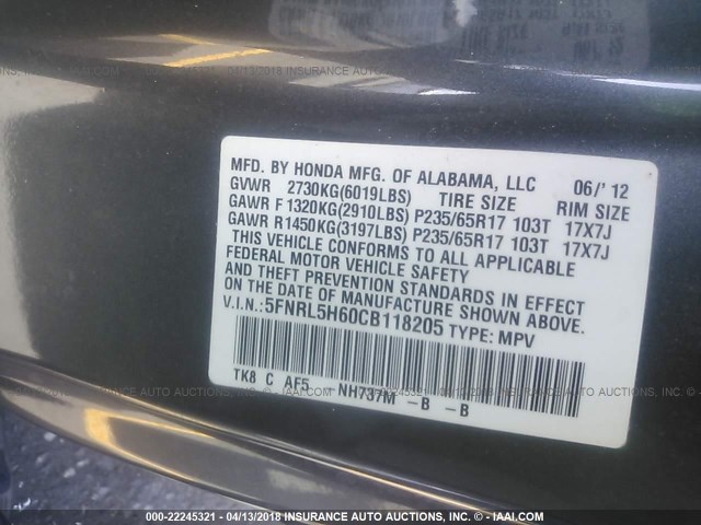 5FNRL5H60CB118205 - 2012 HONDA ODYSSEY EXL GRAY photo 9