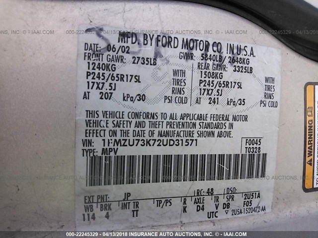 1FMZU73K72UD31571 - 2002 FORD EXPLORER XLT SILVER photo 9