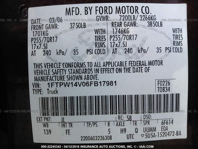 1FTPW14V06FB17981 - 2006 FORD F150 SUPERCREW MAROON photo 9