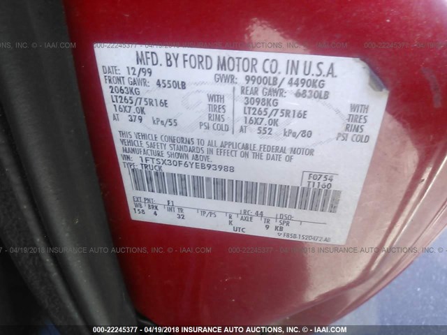 1FTSX30F6YEB93988 - 2000 FORD F350 SRW SUPER DUTY RED photo 9