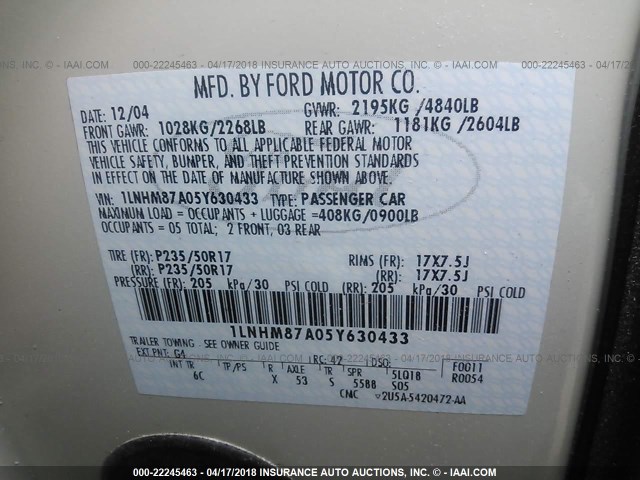 1LNHM87A05Y630433 - 2005 LINCOLN LS WHITE photo 9