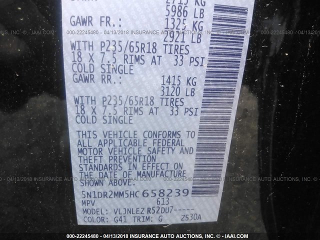 5N1DR2MM5HC658239 - 2017 NISSAN PATHFINDER S/SV/SL/PLATINUM 黑色 照片 9