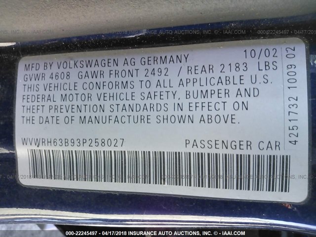 WVWRH63B93P258027 - 2003 VOLKSWAGEN PASSAT GLX 蓝色 照片 9